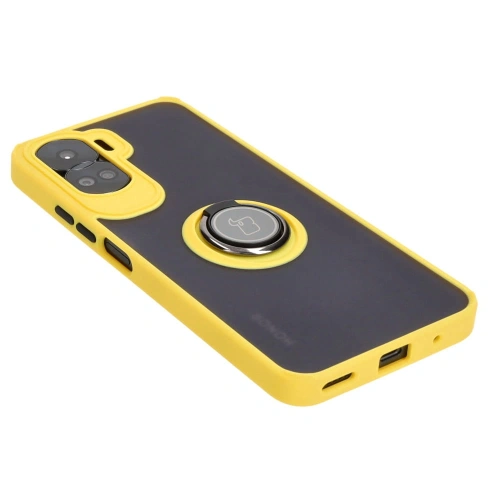 Etui z uchwytem na palec Bizon Case Hybrid Ring do Honor 90 Lite przydymione z żółtą ramką