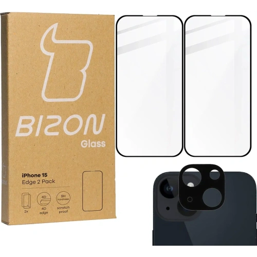 2x Szkło na ekran + szkło na aparat BIZON Edge do Apple iPhone 15