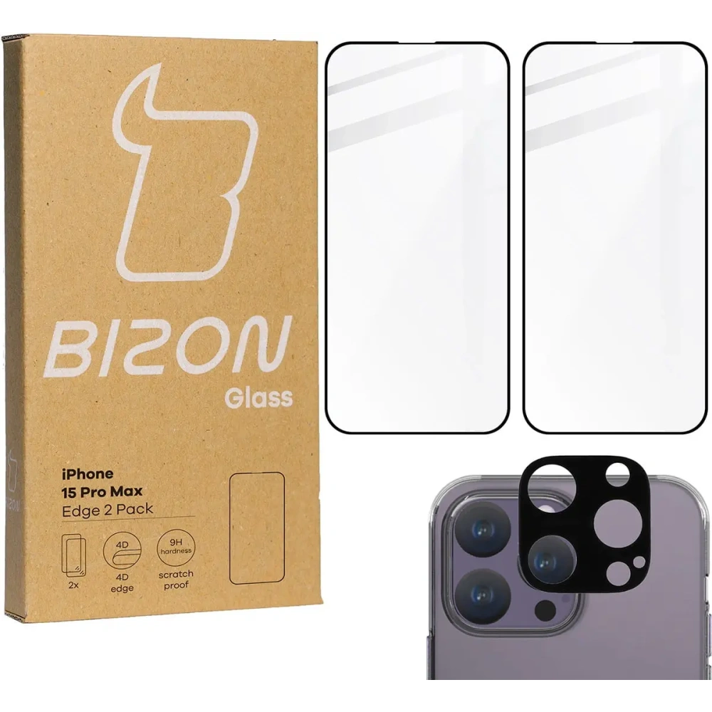 Hurtownia GSM - BIZON Edge 2x sticlă pentru ecran + sticlă pentru cameră Apple iPhone 15 Pro Max - BIZ3197 - {ean13} - Hurt