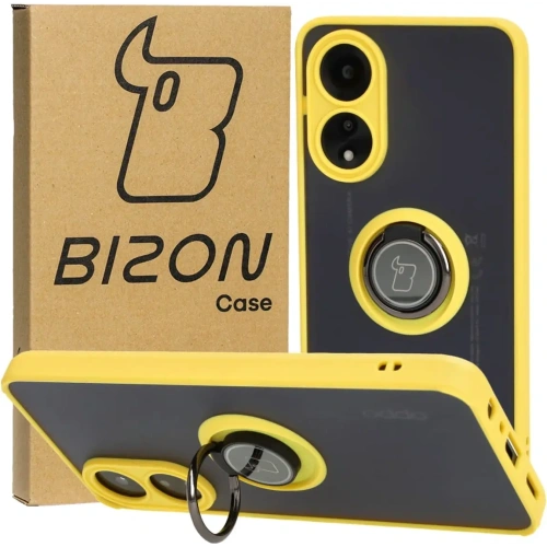 Etui z uchwytem na palec Bizon Case Hybrid Ring do Oppo A78 4G przydymione z żółtą ramką