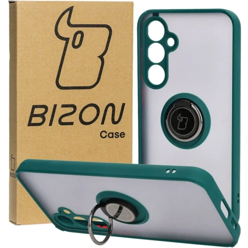 Etui z uchwytem na palec Bizon Case Hybrid Ring do Samsung Galaxy S23 FE przydymione z ciemnozieloną ramką