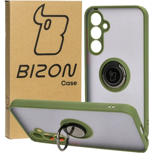 Etui z uchwytem na palec Bizon Case Hybrid Ring do Samsung Galaxy S23 FE przydymione z zieloną ramką