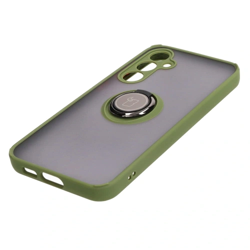 Etui z uchwytem na palec Bizon Case Hybrid Ring do Samsung Galaxy S23 FE przydymione z zieloną ramką