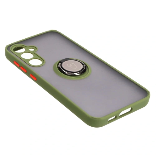 Etui z uchwytem na palec Bizon Case Hybrid Ring do Samsung Galaxy S23 FE przydymione z zieloną ramką
