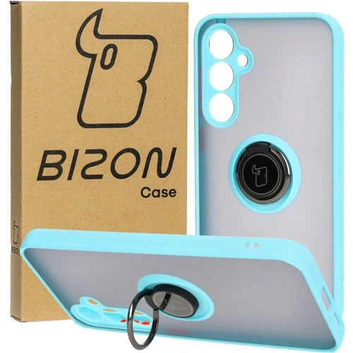 Etui z uchwytem na palec Bizon Case Hybrid Ring do Samsung Galaxy S23 FE przydymione z jasnoniebieską ramką