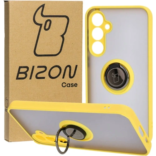 Etui z uchwytem na palec Bizon Case Hybrid Ring do Samsung Galaxy S23 FE przydymione z żółtą ramką