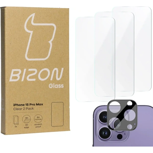 3x Szkło na ekran + szkło na aparat BIZON Clear do Apple iPhone 15 Pro Max