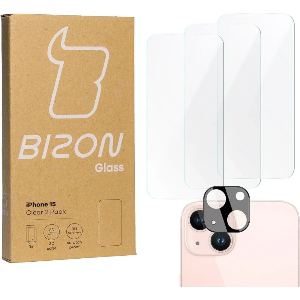 Hurtownia GSM - BIZON Clear 3x sticlă pentru ecran + sticlă pentru cameră Apple iPhone 15 - BIZ3549 - {ean13} - Hurt