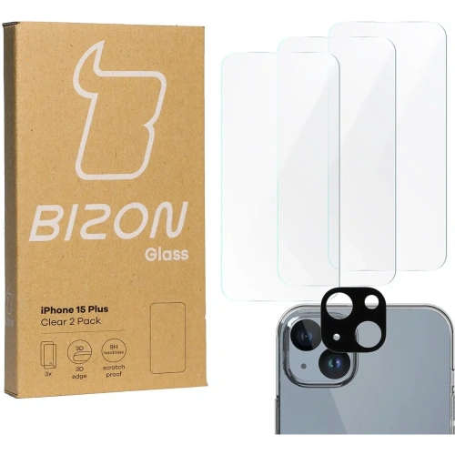3x Szkło na ekran + szkło na aparat BIZON Clear do Apple iPhone 15 Plus