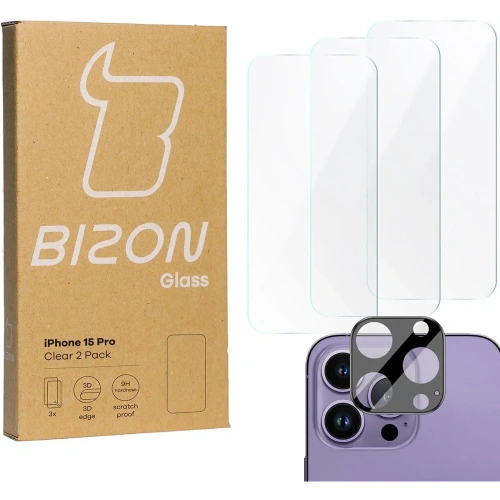 3x Szkło na ekran + szkło na aparat BIZON Clear do Apple iPhone 15 Pro
