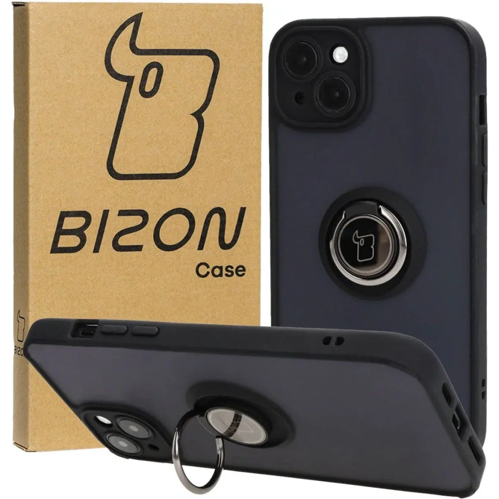 Hurtownia GSM - Etui s úchytem na prst Bizon Case Hybrid Ring pro Apple iPhone 15 Plus kouřové s černým rámečkem - BIZ3724 - {ean13} - Hurt