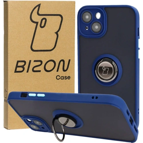 Etui z uchwytem na palec Bizon Case Hybrid Ring do Apple iPhone 15 Plus przydymione z granatową ramką