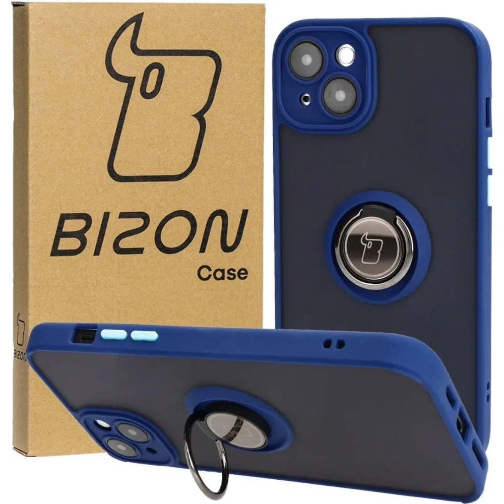 Hurtownia GSM - Etui s úchopem na prst Bizon Case Hybrid Ring pro Apple iPhone 15 Plus kouřové s modrým rámem - BIZ3725 - {ean13} - Hurt