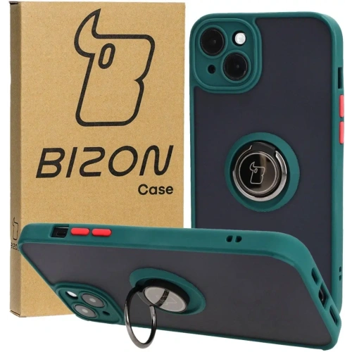 Etui z uchwytem na palec Bizon Case Hybrid Ring do Apple iPhone 15 Plus przydymione z ciemnozieloną ramką