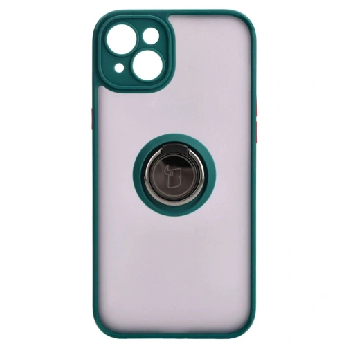 Etui z uchwytem na palec Bizon Case Hybrid Ring do Apple iPhone 15 Plus przydymione z ciemnozieloną ramką