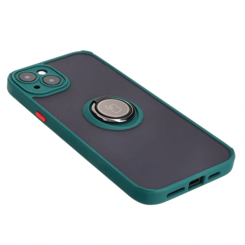 Etui z uchwytem na palec Bizon Case Hybrid Ring do Apple iPhone 15 Plus przydymione z ciemnozieloną ramką