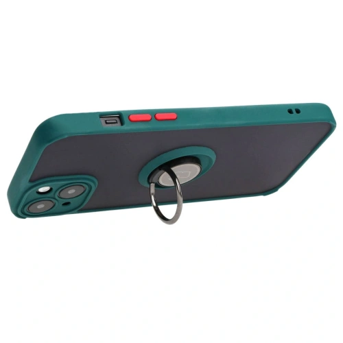 Etui z uchwytem na palec Bizon Case Hybrid Ring do Apple iPhone 15 Plus przydymione z ciemnozieloną ramką