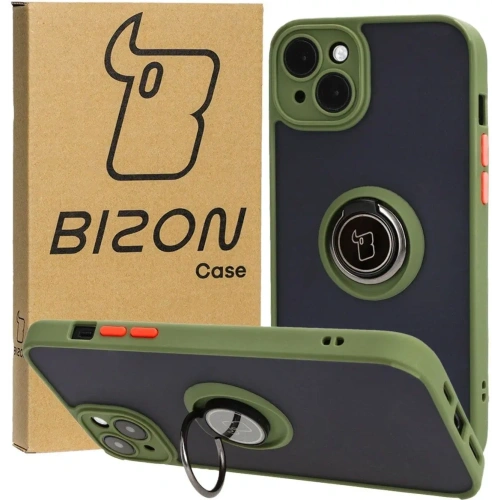 Etui z uchwytem na palec Bizon Case Hybrid Ring do Apple iPhone 15 Plus przydymione z zieloną ramką