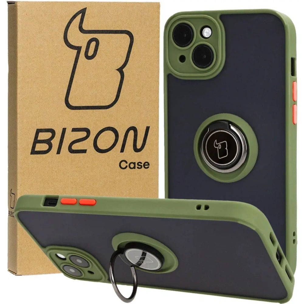 Hurtownia GSM - Etui s úchytem na prst Bizon Case Hybrid Ring pro Apple iPhone 15 Plus kouřové se zeleným rámečkem - BIZ3727 - {ean13} - Hurt