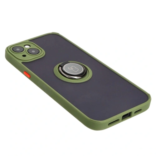 Etui z uchwytem na palec Bizon Case Hybrid Ring do Apple iPhone 15 Plus przydymione z zieloną ramką