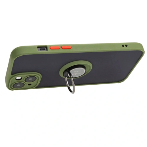 Etui z uchwytem na palec Bizon Case Hybrid Ring do Apple iPhone 15 Plus przydymione z zieloną ramką
