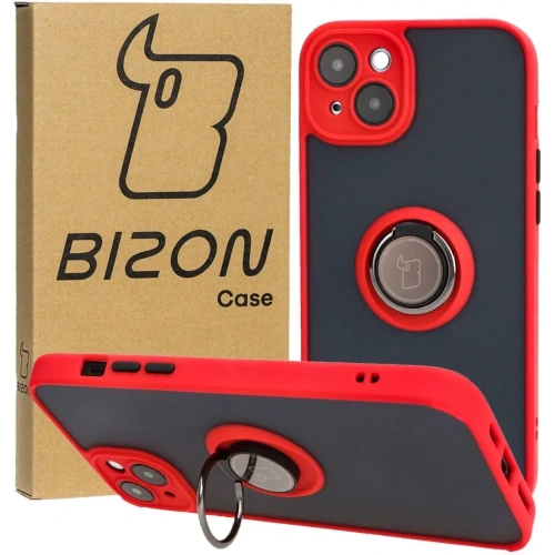 Etui z uchwytem na palec Bizon Case Hybrid Ring do Apple iPhone 15 Plus przydymione z czerwoną ramką