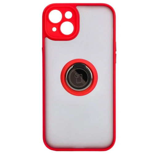 Etui z uchwytem na palec Bizon Case Hybrid Ring do Apple iPhone 15 Plus przydymione z czerwoną ramką