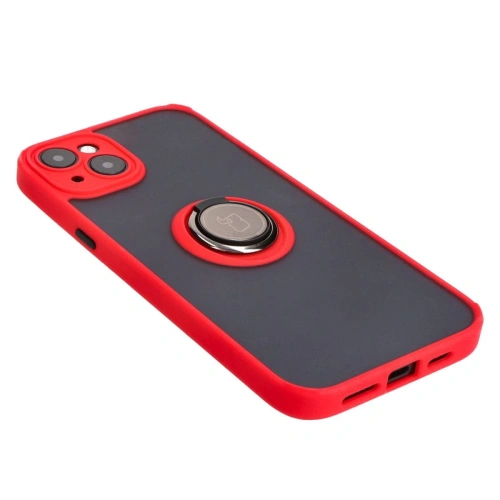 Etui z uchwytem na palec Bizon Case Hybrid Ring do Apple iPhone 15 Plus przydymione z czerwoną ramką