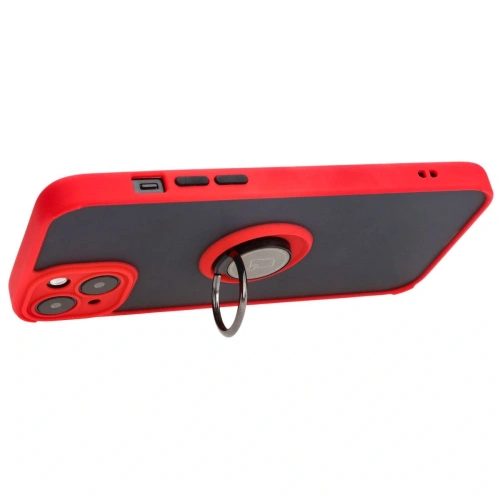 Etui z uchwytem na palec Bizon Case Hybrid Ring do Apple iPhone 15 Plus przydymione z czerwoną ramką