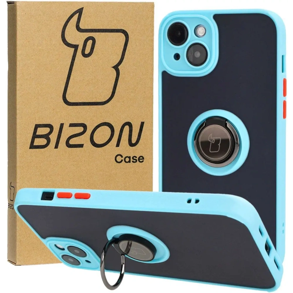 Hurtownia GSM - Etui s úchopem na prst Bizon Case Hybrid Ring pro Apple iPhone 15 Plus kouřové s jasně modrým rámečkem - BIZ3729 - {ean13} - Hurt
