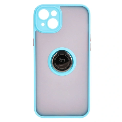 Etui z uchwytem na palec Bizon Case Hybrid Ring do Apple iPhone 15 Plus przydymione z jasnoniebieską ramką