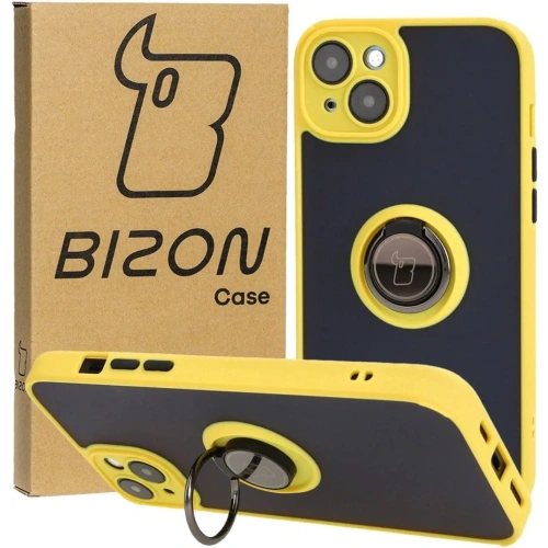 Etui z uchwytem na palec Bizon Case Hybrid Ring do Apple iPhone 15 Plus przydymione z żółtą ramką