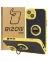 Etui z uchwytem na palec Bizon Case Hybrid Ring do Apple iPhone 15 Plus kouřové s žlutým rámem