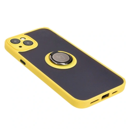 Etui z uchwytem na palec Bizon Case Hybrid Ring do Apple iPhone 15 Plus przydymione z żółtą ramką