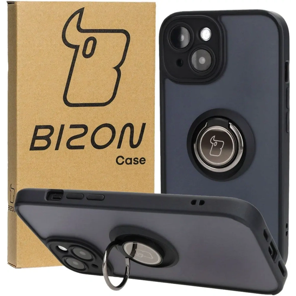 Hurtownia GSM - Etui z uchwytem na palec Bizon Case Hybrid Ring do Apple iPhone 15 kouřové s černým rámem - BIZ3764 - {ean13} - Hurt