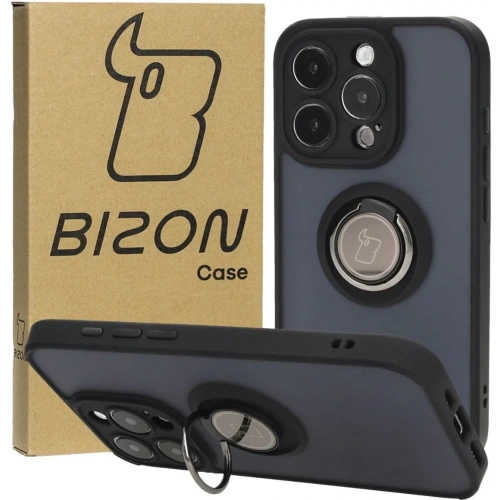 Etui z uchwytem na palec Bizon Case Hybrid Ring do Apple iPhone 15 Pro przydymione z czarną ramką