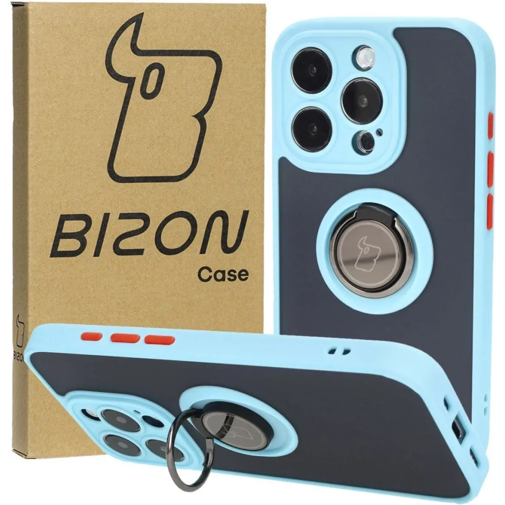 Hurtownia GSM - Etui z uchwytem na palec Bizon Case Hybrid Ring do Apple iPhone 15 Pro kouřové s jasně modrým rámečkem - BIZ3775 - {ean13} - Hurt