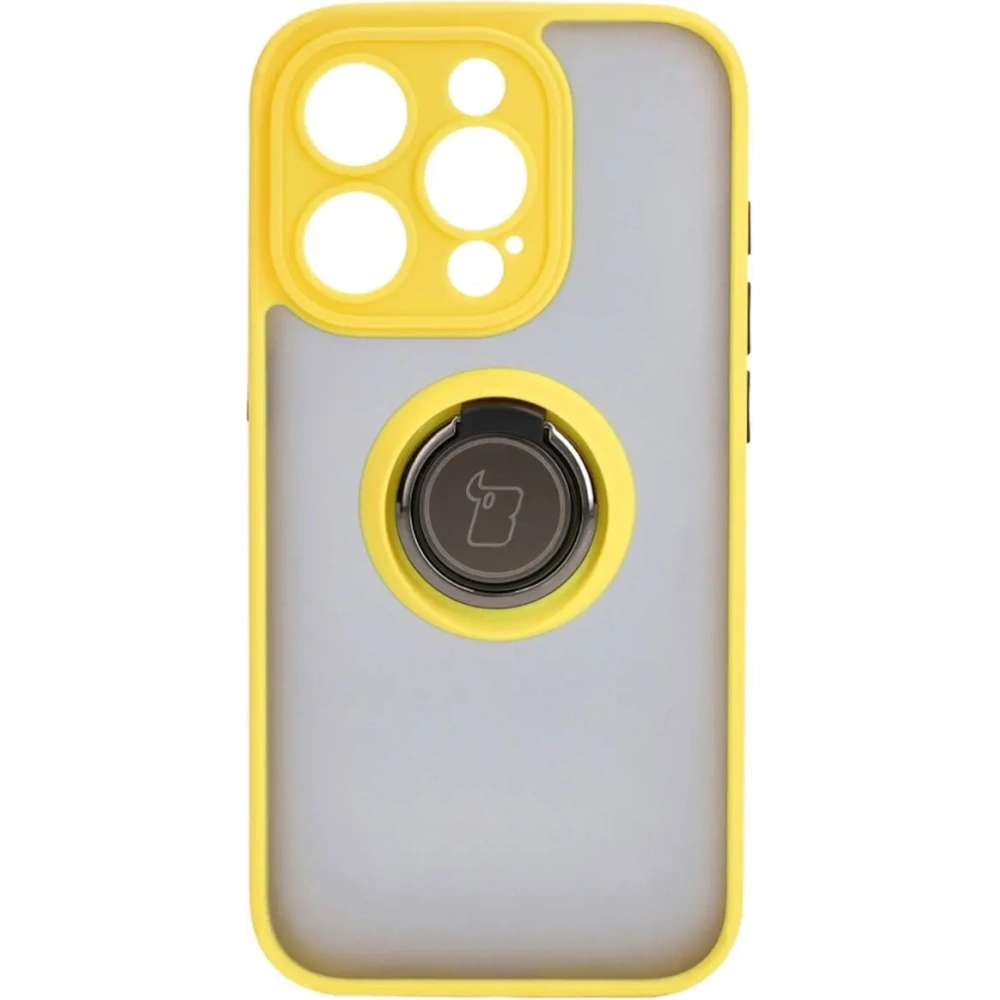 Hurtownia GSM - Etui z uchwytem na palec Bizon Case Hybrid Ring do Apple iPhone 15 Pro przydymione z żółtą ramką - BIZ3776 - {ean13} - Hurt