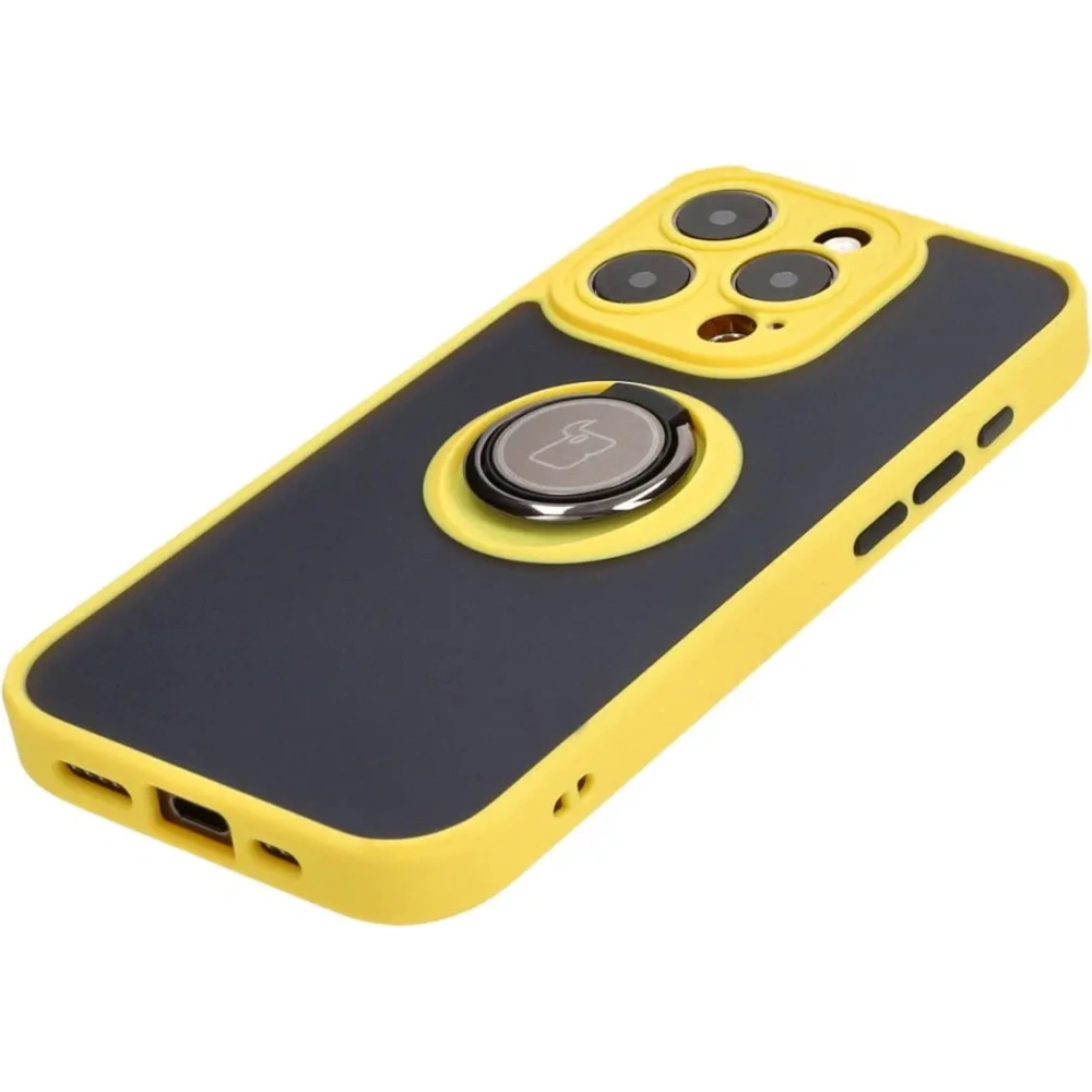 Hurtownia GSM - Etui z uchwytem na palec Bizon Case Hybrid Ring do Apple iPhone 15 Pro przydymione z żółtą ramką - BIZ3776 - {ean13} - Hurt