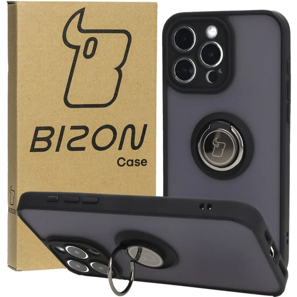 Hurtownia GSM - Etui s držákem na prst Bizon Case Hybrid Ring pro Apple iPhone 15 Pro Max kouřové s černým rámem - BIZ3777 - {ean13} - Hurt