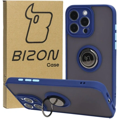 Etui z uchwytem na palec Bizon Case Hybrid Ring do Apple iPhone 15 Pro Max przydymione z granatową ramką