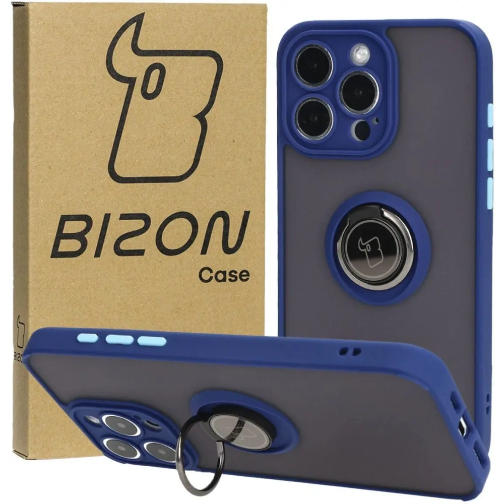 Hurtownia GSM - Etui z uchwytem na palec Bizon Case Hybrid Ring do Apple iPhone 15 Pro Max zakouřená s modrým rámečkem - BIZ3778 - {ean13} - Hurt