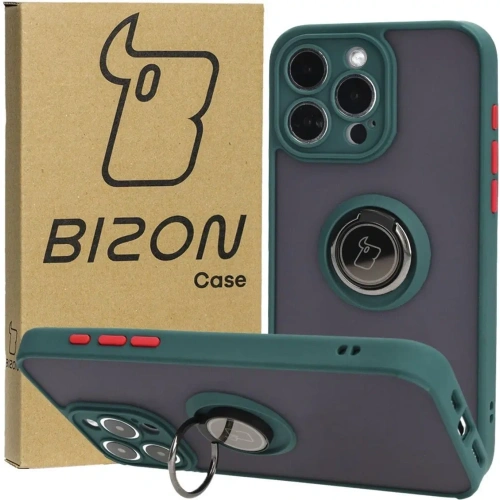 Etui z uchwytem na palec Bizon Case Hybrid Ring do Apple iPhone 15 Pro Max przydymione z ciemnozieloną ramką
