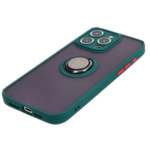Etui z uchwytem na palec Bizon Case Hybrid Ring do Apple iPhone 15 Pro Max przydymione z ciemnozieloną ramką