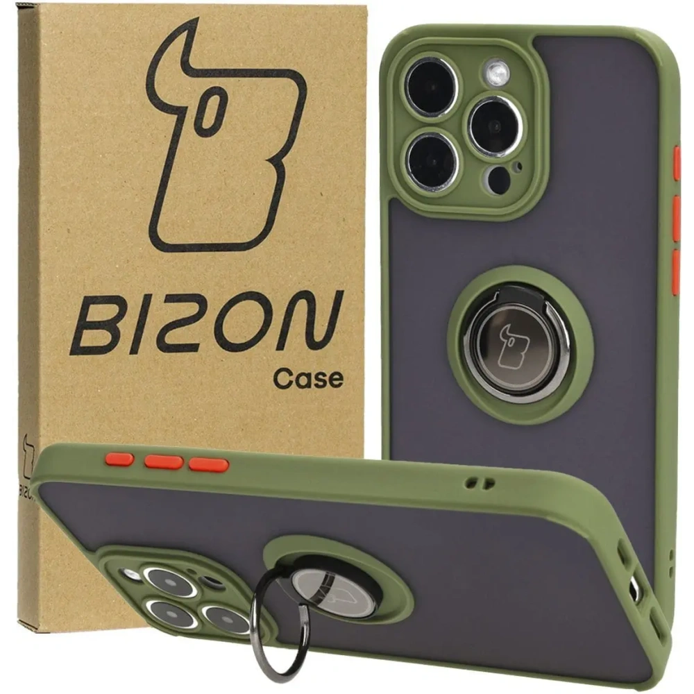 Hurtownia GSM - Etui z uchwytem na palec Bizon Case Hybrid Ring do Apple iPhone 15 Pro Max kouřové se zeleným rámečkem - BIZ3780 - {ean13} - Hurt