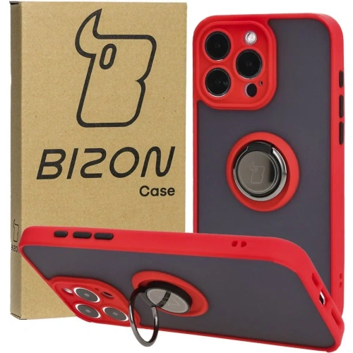 Etui z uchwytem na palec Bizon Case Hybrid Ring do Apple iPhone 15 Pro Max przydymione z czerwoną ramką
