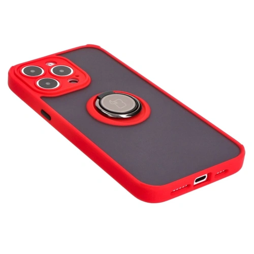 Etui z uchwytem na palec Bizon Case Hybrid Ring do Apple iPhone 15 Pro Max przydymione z czerwoną ramką