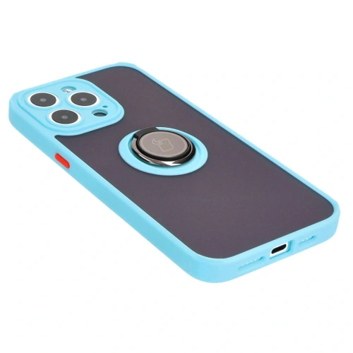 Etui z uchwytem na palec Bizon Case Hybrid Ring do Apple iPhone 15 Pro Max przydymione z jasnoniebieską ramką