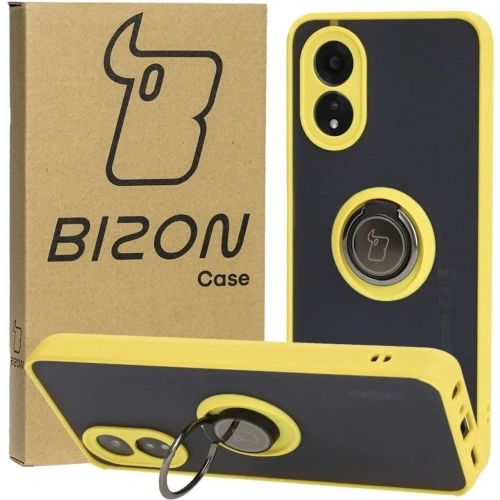 Etui z uchwytem na palec Bizon Case Hybrid Ring do Oppo A38 4G przydymione z żółtą ramką
