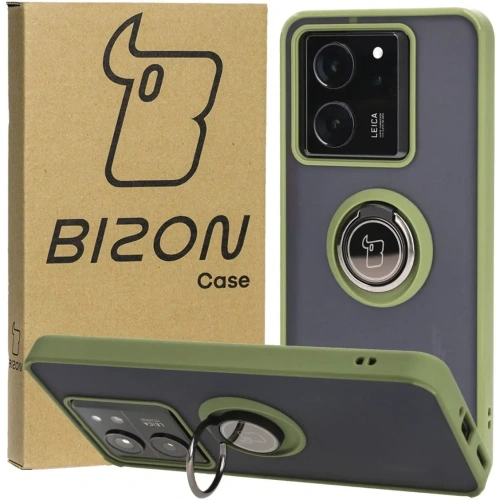 Etui z uchwytem na palec Bizon Case Hybrid Ring do Xiaomi 13T Pro / 13T przydymione z zieloną ramką
